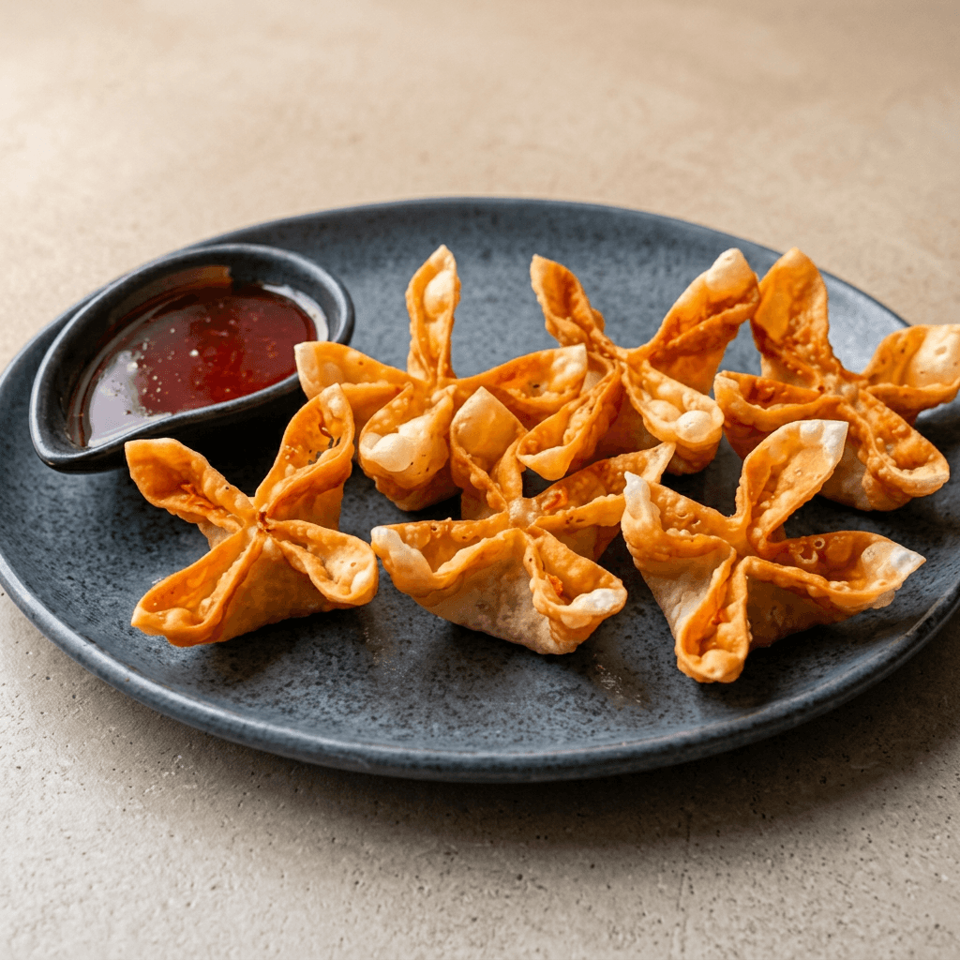 Crispy golden flower-shaped wontons arranged on a dark plate with a bowl of red dipping sauce.