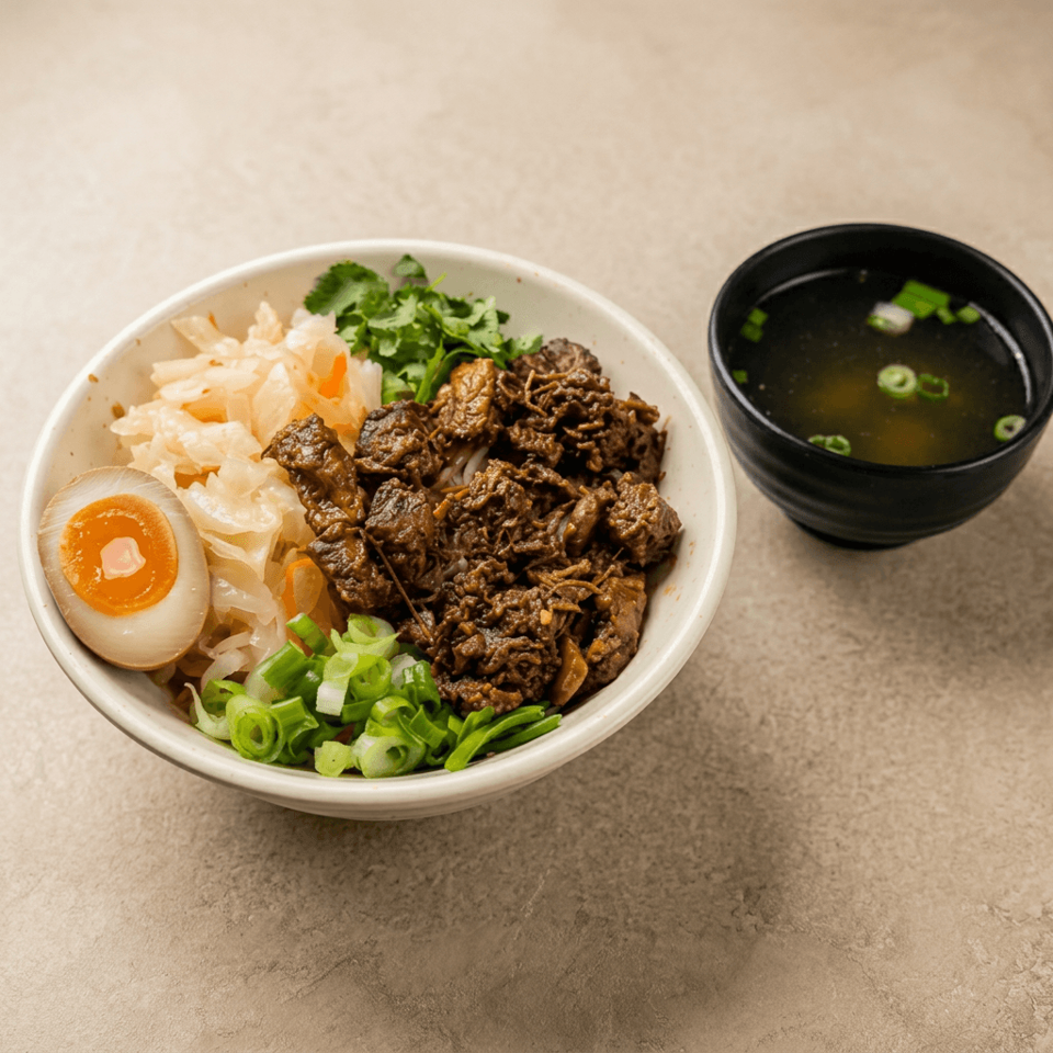Rice bowl topped with braised meat, pickled vegetables, herbs, scallions, and a halved soft-boiled egg beside clear green onion soup.
