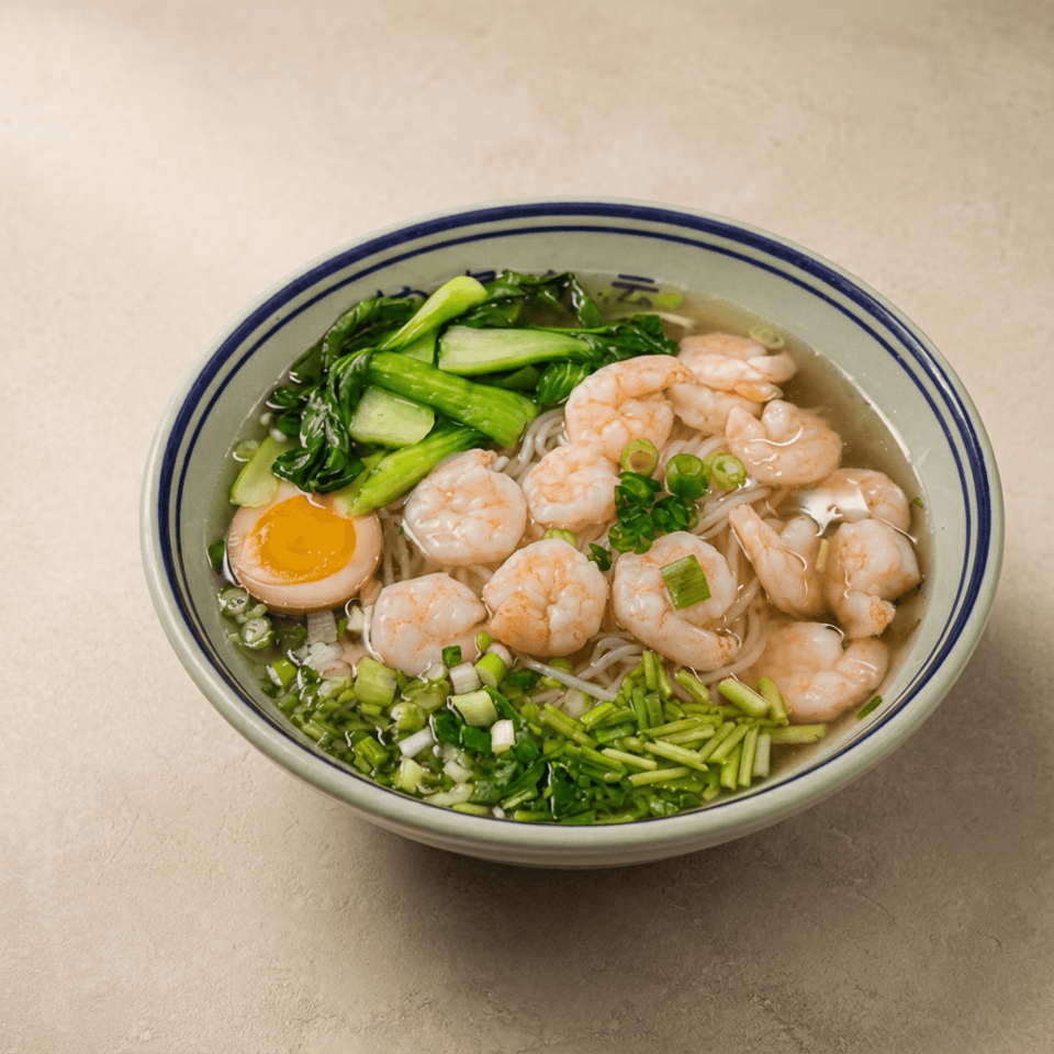 Bowl of shrimp noodle soup topped with bok choy, scallions, chives, and a soft-boiled egg.