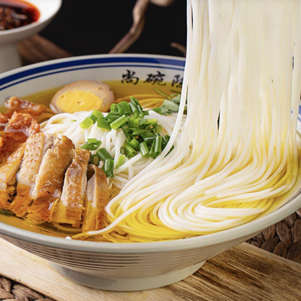 Bowl of noodle soup topped with sliced meat, tofu, egg, and scallions, with noodles lifted above the broth.